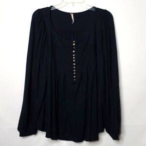 Free People boho long sleeve black scoop neck flowy pleated blouse shirt top M
